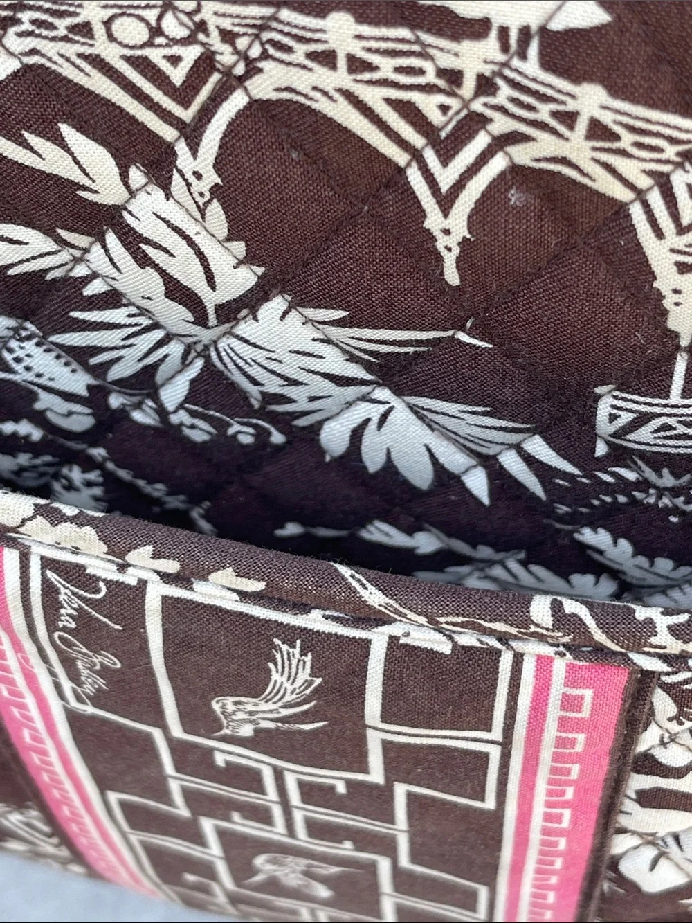 Vera Bradley Brown & Cream Quilted Laptop Tote with Pink Accent